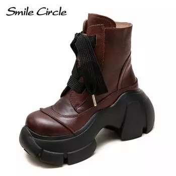 Женские ботинки из натуральной кожи с круглым носком, на шнуровке, с толстой подошвой, удобные, модные, повседневные ботинки 34 коричневый