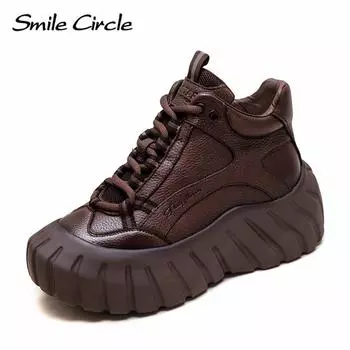 Женские ботинки из натуральной кожи с круглым носком, на шнуровке, с толстой подошвой, удобные, модные, повседневные ботинки 35 коричневый