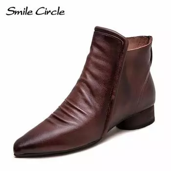 Женские ботинки из натуральной кожи с острым носком и молнией, короткие, удобные, модные, повседневные ботинки 35 коричневый