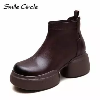 Женские ботинки из натуральной кожи с круглым носком, на молнии, с толстой подошвой, удобные, модные, повседневные ботинки 35 коричневый