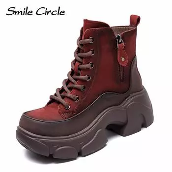Женские ботинки из натуральной кожи с круглым носком, на шнуровке, с толстой подошвой, удобные, модные, повседневные ботинки 35 красный
