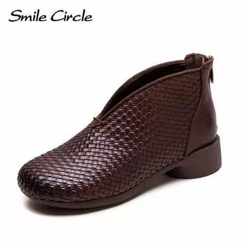 Женские ботинки из натуральной кожи с круглым носком, на молнии, короткие, удобные, модные, повседневные ботинки 35 коричневый