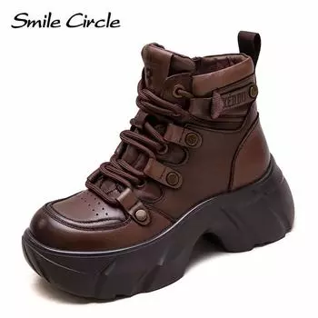 Женские ботинки из натуральной кожи с круглым носком, на шнуровке, с толстой подошвой, удобные, модные, повседневные ботинки 35 коричневый
