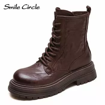Женские ботинки из натуральной кожи с круглым носком, на шнуровке, с толстой подошвой, удобные, модные, повседневные ботинки 35 коричневый