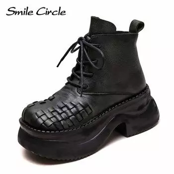 Женские ботинки из натуральной кожи с круглым носком, на шнуровке, с толстой подошвой, удобные, модные, повседневные ботинки 34 зелёный