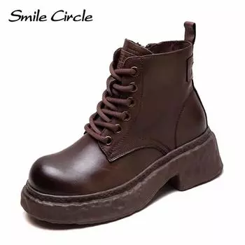 Женские ботинки из натуральной кожи с круглым носком, хлопковые ботинки с толстой подошвой, удобные модные повседневные ботинки 35 коричневый