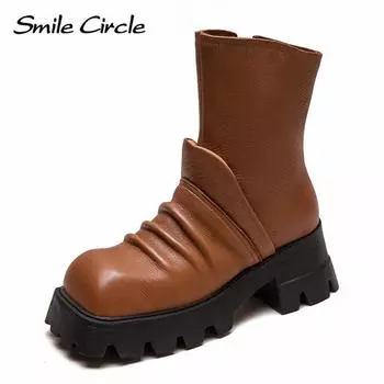 Женские ботинки из натуральной кожи с квадратным носком, на молнии, с толстой подошвой, удобные, модные, повседневные ботинки 35 оранжевый