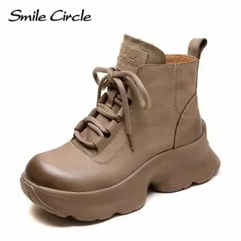 Женские ботинки из натуральной кожи с круглым носком, на шнуровке, с толстой подошвой, удобные, модные, повседневные ботинки 35