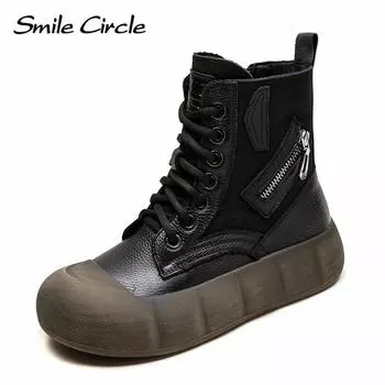 Женские ботинки из натуральной кожи с круглым носком, на шнуровке, с толстой подошвой, удобные, модные, повседневные ботинки 35 чёрный