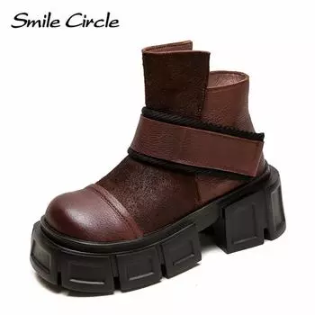 Женские ботинки из натуральной кожи с круглым носком, на молнии, с толстой подошвой, удобные, модные, повседневные ботинки 35 коричневый