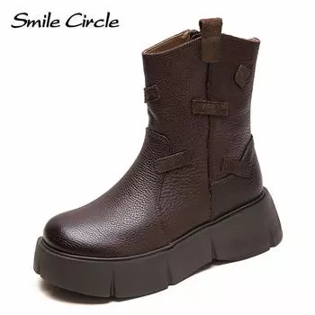 Женские ботинки из натуральной кожи с круглым носком, на молнии, с толстой подошвой, удобные, модные, повседневные ботинки 35 коричневый