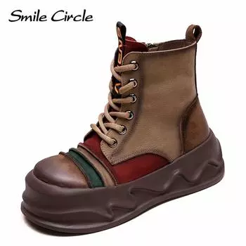 Женские ботинки из натуральной кожи с круглым носком, на шнуровке, с толстой подошвой, удобные, модные, повседневные ботинки 35 бежевый