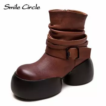 Женские ботинки из натуральной кожи с круглым носком, на молнии, с толстой подошвой, удобные, модные, повседневные ботинки 34 коричневый