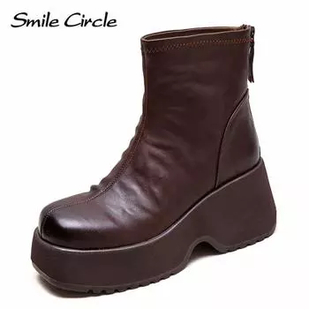 Женские ботинки из натуральной кожи с круглым носком, на молнии, с толстой подошвой, удобные, модные, повседневные ботинки 34 коричневый