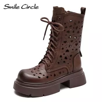 Женские ботинки из натуральной кожи, туфли на толстой подошве с круглой головкой и шнуровкой, модная повседневная обувь в стиле ретро 35 коричневый