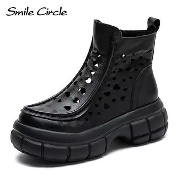 Женские ботинки из натуральной кожи, туфли на толстой подошве с круглой головкой и шнуровкой, модная повседневная обувь в стиле ретро 35 чёрный