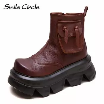 Женские ботинки из натуральной кожи, увеличивающие рост, на молнии, с толстой подошвой, удобные, модные, повседневные ботинки 34 коричневый