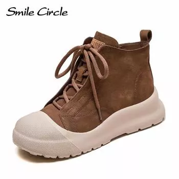 Женские ботинки из натуральной кожи, высокие ботинки на толстой подошве, удобные повседневные кроссовки 35 коричневый