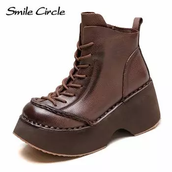 Женские ботинки из натуральной кожи, высокие ботинки с толстой подошвой, удобные повседневные байкерские ботинки