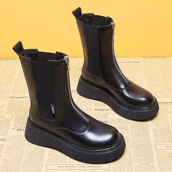 Женские ботинки из натуральной кожи, женская обувь, модные женские дышащие ботинки из воловьей кожи, легкие черные ботинки на молнии спереди 35 чёрный