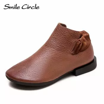 Женские ботинки из натуральной кожи, женские туфли без застежек с круглым носком, винтажные модные повседневные ботинки 35 коричневый