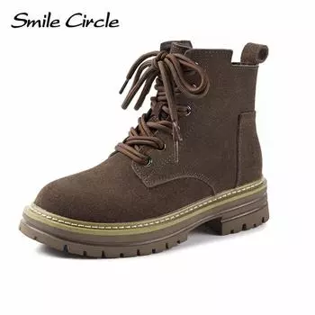 Женские ботинки из натуральной замши с круглым носком, на шнуровке, с толстой подошвой, модные повседневные рабочие ботинки 34 коричневый