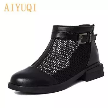 Женские ботинки из полой сетки, летние ботильоны из натуральной кожи, женские сандалии большого размера на тонком каблуке, женские сандалии на низком каблуке 35 чёрный