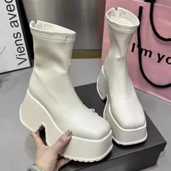Женские ботинки из толстой черной эластичной кожи с квадратным каблуком, на платформе, с молнией сзади, в стиле панк, на высоком каблуке, женские туфли в байкерском стиле 35 белый