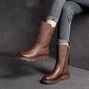 Женские ботинки Johnature из натуральной кожи, однотонные, универсальные, с мягкой подошвой, длиной до середины икры 35 коричневый