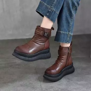 Женские ботинки Johnature из натуральной кожи на толстой подошве с пряжкой на ремне и боковой молнией, теплые хлопковые ботинки из плюша 36 чёрный