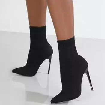 Женские ботинки, короткие туфли на высоком каблуке, женские осенне-зимние вязаные ботильоны Botas Mujer, черные носки, женские ботинки на каблуке 36 чёрный