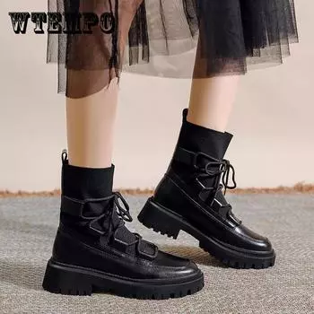 Женские ботинки, кожаная обувь, женские ботильоны на платформе, модные массивные ботинки на шнуровке, женские черные ботинки большого размера 40 чёрный