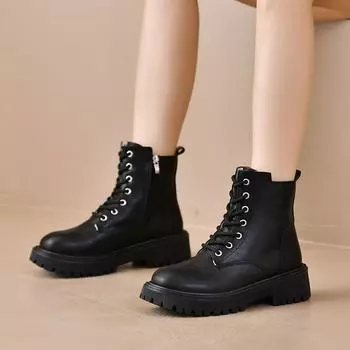 Женские ботинки Martin boots 2024 осень-зима новые однослойные бархатные на платформе с застежкой-молнией на шнуровке черные классические короткие ботинки женские 35