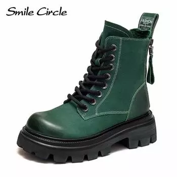 Женские ботинки martin из натуральной кожи на массивном каблуке, ботинки «Мартенс» с высоким берцем и молнией сзади, ботинки на толстой подошве, модные женские мотоциклетные ботинки с круглой головкой 35 зелёный