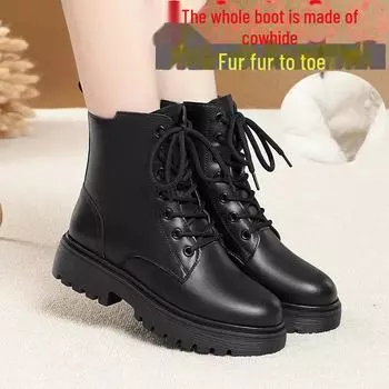 Женские ботинки Martin из натуральной кожи - Осень/Зима 2024, Низкий каблук, Утолщенный бархат, Плоская подошва, Подкладка из хлопка 36