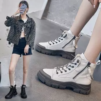 «Женские ботинки Martin на плоской подошве с высоким берцем в корейском стиле 2024 года — повседневные универсальные короткие ботинки» 38 серый/бежевый