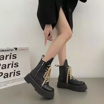 Женские ботинки Martin на толстой подошве 2024 года, осень-зима, новые тонкие ботинки для мужчин, высокие ботинки среднего размера в британском стиле, локомотивные ботинки 35 чёрный