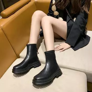 Женские ботинки Martin на толстой подошве и плоском каблуке 2024 года, новые эластичные тонкие ботинки с молнией сзади, короткие ботинки в британском стиле, женские модели 35