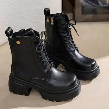 Женские ботинки Martin на толстой подошве, новые, большого размера, с круглым носком, на шнуровке, на толстом каблуке, однотонные, ветрозащитные ботинки на осень и зиму 2024 года 35 бежевый