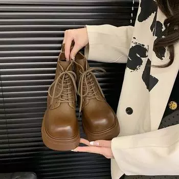 Женские ботинки Martin на толстой подошве в британском стиле 2024 года с новой боковой молнией — классные короткие ботинки, увеличивающие рост. 35 хаки