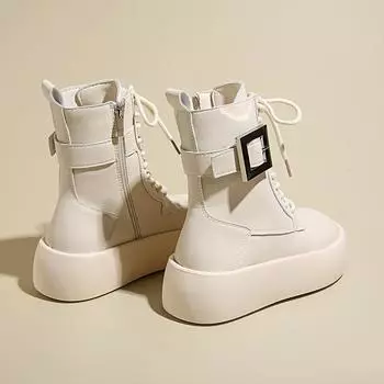 Женские ботинки Martin на толстой подошве в британском стиле, лето и осень 2024 года, новые ботинки на шнуровке средней высоты с квадратной пряжкой, увеличивающие рост 35 бежевый