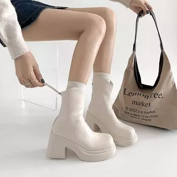 Женские ботинки Martin на толстом каблуке и платформе в британском стиле 2025 года, новинка осени и зимы, интернет-знаменитости, увеличивающие рост, короткие ботинки на высоком каблуке 35 чёрный