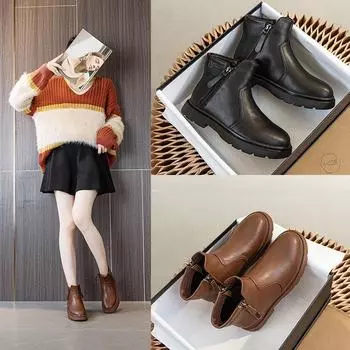 Женские ботинки Martin с двойной молнией, новинка 2024 года, осень/зима, большие размеры 41–43, плюс бархат, стильные короткие ботинки для полных ног. single lining; 36 коричневый