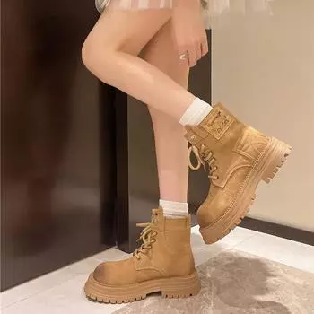 Женские ботинки Martin с толстой подошвой, полированные, новые, 2024, матовая кожа, круглая голова, повседневные, короткие, ботинки-локомотивы, женские 35 бежевый