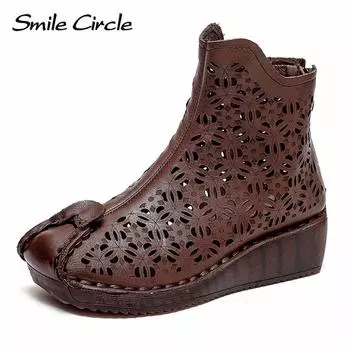 Женские ботинки martin с высоким берцем из натуральной кожи, повседневные толстые ботинки без шнуровки, винтажные летние женские ботинки с перфорацией