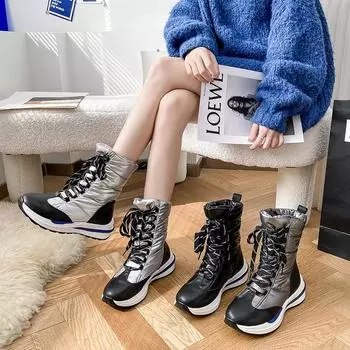 Женские ботинки Moipheng, зимние, сохраняющие тепло, качественные, длиной до середины голени, женские, на шнуровке, удобные, водонепроницаемые, женские ботинки 35 чёрный