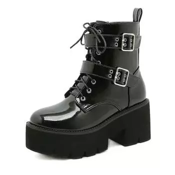 Женские ботинки на каблуке 7,5 см с боковой молнией, непромокаемая платформа на толстом каблуке с круглой головкой, толстый ремень с пряжкой, высокий каблук, кружево Lhx 35 чёрный