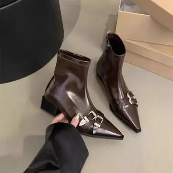 Женские ботинки на молнии, осенние ботинки, женские, черные, резиновые, острые, средние, женские, рок, щиколотка, ПУ, каблуки-копыто, римский острый нос, микро 35