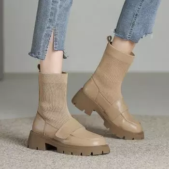 Женские ботинки на низком массивном каблуке, нескользящая платформа, круглый носок, вязаные ботильоны, удобная повседневная обувь для женщин, прогулочные ботинки «Челси» 34 хаки