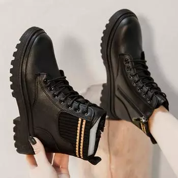 Женские ботинки на платформе, ботильоны, женская удобная обувь, новые черные зимние теплые носки, женские нескользящие ботинки на толстом каблуке, женские 35 чёрный